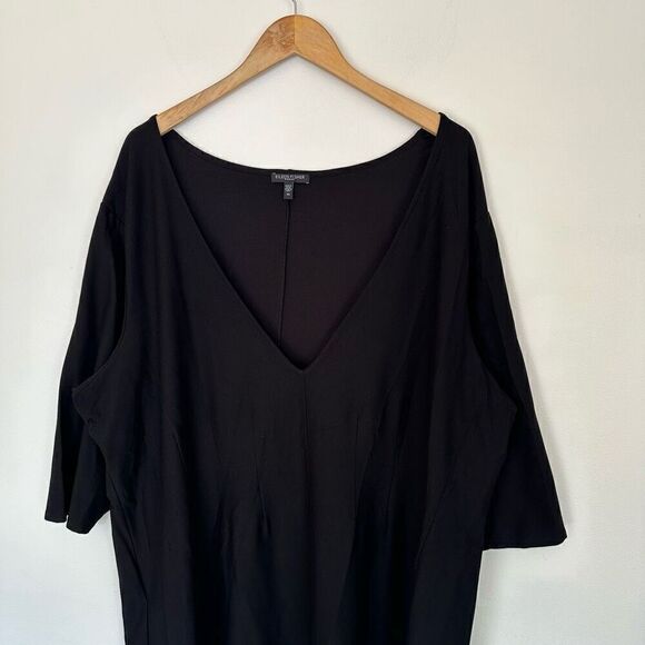 Eileen Fisher Vintage Women Black Deep V Neck Crepe 3/4 Sleeve Aline Sheath Dres - Picture 3 of 9
